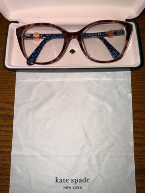 kate spade Taya Tortoise Cat-Eye Glasses with Blue Patterned Temples